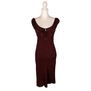 90s Beaded Floral Dress Women’s M Midi Chic Boho Cap Sleeve Low Shoulder